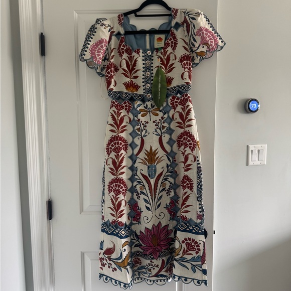 NWT FARM Rio Red and Green Square Neck Midi Dress - Picture 2 of 8